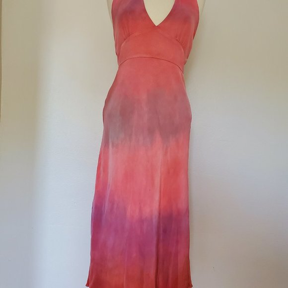 NEW Silk Short midi halter maxi Dress bridesmaid party tie dyed painted blue red - Picture 8 of 9